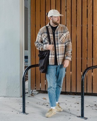 Beige Suede Desert Boots Outfits: A tan plaid flannel long sleeve shirt and blue jeans are a wonderful combo to keep in your off-duty lineup. Feeling inventive? Spice things up by finishing with beige suede desert boots.