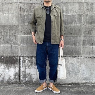 Tan Canvas Slip-on Sneakers Outfits For Men: For an on-trend ensemble without the need to sacrifice on comfort, we turn to this combination of an olive long sleeve shirt and navy jeans. Complete your ensemble with a pair of tan canvas slip-on sneakers and you're all set looking smashing.