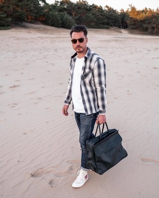 Navy Leather Tote Bag Outfits For Men: For a relaxed casual getup, try pairing a white and navy plaid long sleeve shirt with a navy leather tote bag — these two pieces go really cool together. As for the shoes, you can take a more elegant route with white print canvas high top sneakers.