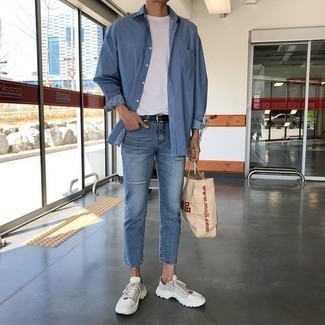 Men's Light Blue Vertical Striped Long Sleeve Shirt, White Crew-neck T-shirt, Blue Ripped Jeans, Grey Canvas Low Top Sneakers