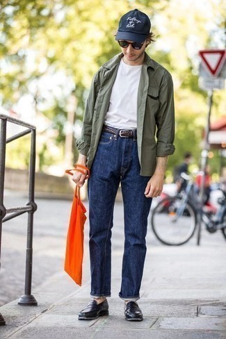 Baseball Cap Outfits For Men: For casual street style without the need to sacrifice on practicality, we love this pairing of an olive long sleeve shirt and a baseball cap. A pair of black leather loafers will put a sleeker spin on your outfit.