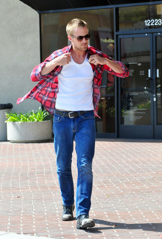 Ryan Gosling wearing Red Plaid Long Sleeve Shirt, White Crew-neck T-shirt, Blue Jeans, Green Camouflage Desert Boots