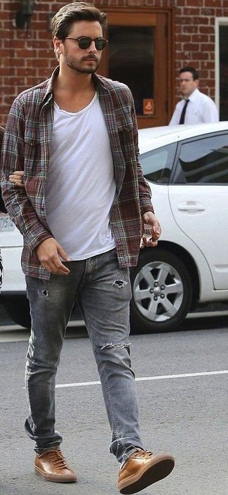  Scott Disick wearing Burgundy Plaid Long Sleeve Shirt, White Crew-neck T-shirt, Grey Ripped Jeans, Brown Leather Low Top Sneakers