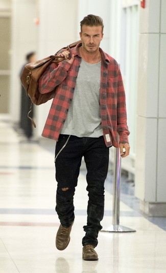 David Beckham wearing Red and Black Check Flannel Long Sleeve Shirt, Grey Crew-neck T-shirt, Black Jeans, Dark Brown Leather Casual Boots