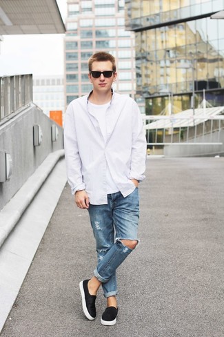 White Striped Long Shirt with Black Slip-on Sneakers Outfits For Men (5 ideas & outfits) |