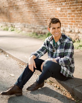 Navy and Green Long Sleeve Shirt Outfits For Men: A navy and green long sleeve shirt and navy jeans are an essential pairing for many trendsetting men. A pair of dark brown leather desert boots will be a welcome addition for your outfit.