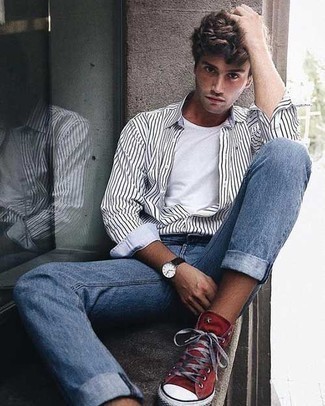 Men's White and Black Vertical Striped Long Sleeve Shirt, White Crew-neck T-shirt, Light Blue Jeans, Red Canvas High Top Sneakers