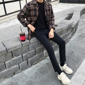 Dark Brown Plaid Long Sleeve Shirt Outfits For Men: If you're on the hunt for a casual but also seriously stylish getup, choose a dark brown plaid long sleeve shirt and black jeans. White athletic shoes are a simple way to inject a sense of stylish nonchalance into this ensemble.