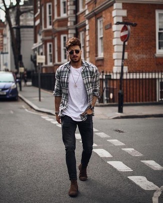 Grey Plaid Long Sleeve Shirt Outfits For Men: A grey plaid long sleeve shirt and charcoal ripped jeans are among the crucial items in any modern gent's well-edited casual closet. Serve a little outfit-mixing magic by sporting a pair of dark brown suede chelsea boots.