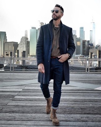 Dark Brown Crew-neck T-shirt Outfits For Men: If you prefer casual ensembles, why not take this pairing of a dark brown crew-neck t-shirt and navy jeans for a spin? You can get a little creative in the footwear department and introduce a pair of brown suede casual boots to the mix.
