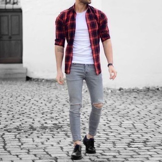 red shirt jeans outfit