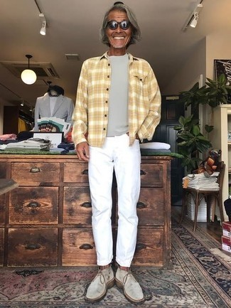 Beige Plaid Long Sleeve Shirt Outfits For Men: Wear a beige plaid long sleeve shirt with white jeans to don a casually dapper ensemble. Feeling venturesome today? Spruce up your outfit by finishing with grey suede desert boots.