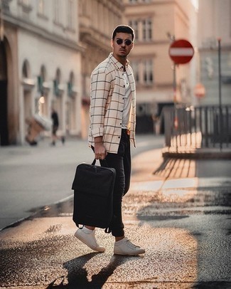 Beige Check Long Sleeve Shirt Outfits For Men: For a relaxed outfit, choose a beige check long sleeve shirt and black jeans — these items play nicely together. Add white canvas low top sneakers to the equation and ta-da: the getup is complete.