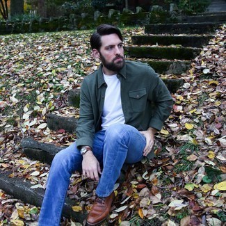 Men's Dark Green Wool Long Sleeve Shirt, White Crew-neck T-shirt, Blue Jeans, Brown Leather Casual Boots