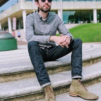 Grey Linen Long Sleeve Shirt Outfits For Men: To assemble an off-duty outfit with a modern twist, you can easily dress in a grey linen long sleeve shirt and navy jeans. Finishing with a pair of beige suede casual boots is an effortless way to add some extra zing to this getup.