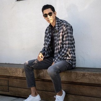 Men's Black and White Plaid Flannel Long Sleeve Shirt, Black Crew-neck T-shirt, Charcoal Jeans, White Canvas Low Top Sneakers
