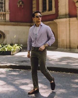 Men's White and Violet Vertical Striped Long Sleeve Shirt, White Crew-neck T-shirt, Olive Jeans, Dark Brown Suede Loafers