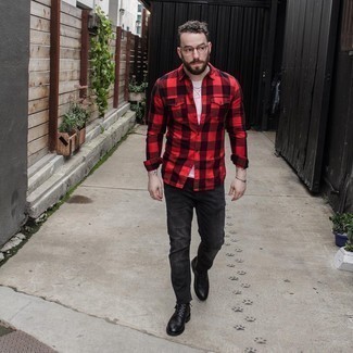 Charcoal Jeans Outfits For Men: Irrefutable proof that a red and black gingham long sleeve shirt and charcoal jeans look amazing when paired together in an off-duty menswear style. To give this getup a more elegant touch, introduce black leather casual boots to your look.