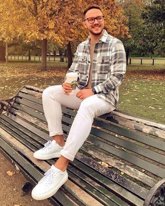 Grey Plaid Long Sleeve Shirt Outfits For Men: For a look that's pared-down but can be flaunted in a great deal of different ways, try teaming a grey plaid long sleeve shirt with white jeans. When it comes to shoes, this outfit pairs well with white canvas low top sneakers.