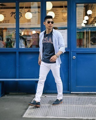 White Jeans Outfits For Men: A light blue long sleeve shirt and white jeans are great menswear must-haves that will integrate nicely within your daily off-duty wardrobe. To give your overall outfit a more sophisticated spin, introduce a pair of navy suede loafers to the mix.