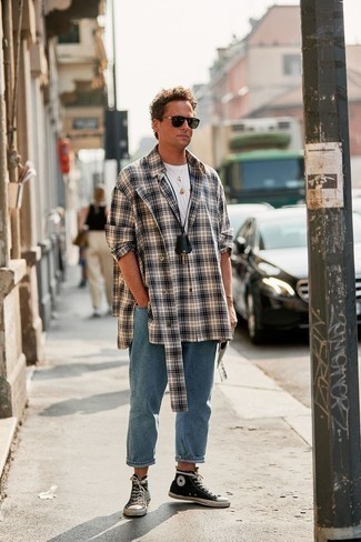 White Plaid Long Sleeve Shirt Outfits For Men: When you want to go about your day with confidence in your outfit, choose a white plaid long sleeve shirt and blue jeans. To inject a more casual touch into your look, opt for black and white canvas high top sneakers.