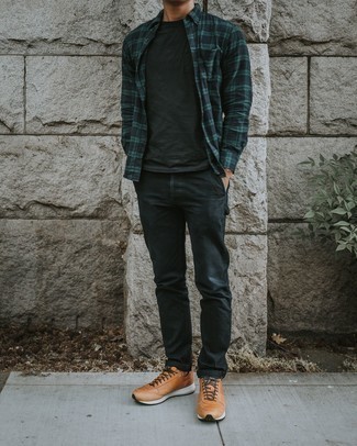 Navy and Green Long Sleeve Shirt Outfits For Men: For an outfit that provides comfort and dapperness, make a navy and green long sleeve shirt and black jeans your outfit choice. Don't know how to round off? Complement your getup with tan athletic shoes to change things up a bit.