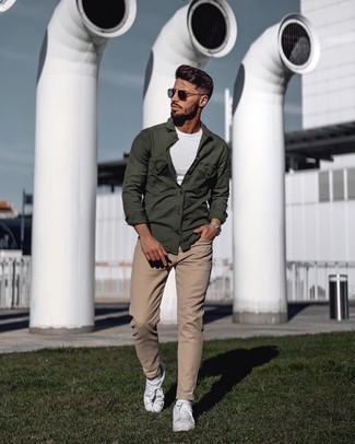 Dark Green Long Sleeve Shirt Outfits For Men: A dark green long sleeve shirt and khaki jeans are a nice combination worth integrating into your casual fashion mix. Consider a pair of white canvas low top sneakers as the glue that brings your ensemble together.