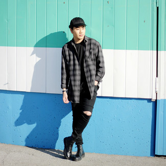 Charcoal Plaid Long Sleeve Shirt Outfits For Men: Opt for a charcoal plaid long sleeve shirt and black ripped jeans to be both casual and comfortable. Complement your ensemble with black leather casual boots to instantly dial up the classy factor of your getup.