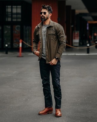 Tobacco Leather Chelsea Boots Outfits For Men: If you enjoy functional style, consider wearing a brown long sleeve shirt and navy jeans. For something more on the smart end to complement your getup, rock a pair of tobacco leather chelsea boots.