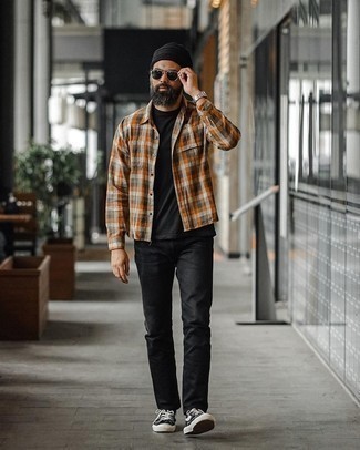 Tobacco Long Sleeve Shirt Outfits For Men: Try pairing a tobacco long sleeve shirt with black jeans to achieve an everyday outfit that's full of charisma and personality. Introduce a pair of black and white canvas low top sneakers to the mix and ta-da: your ensemble is complete.