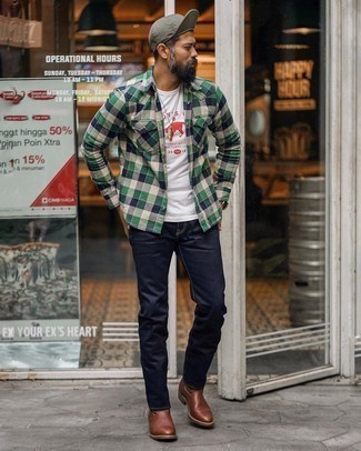 Dark Green Gingham Flannel Long Sleeve Shirt Outfits For Men: On days when comfort is essential, dress in a dark green gingham flannel long sleeve shirt and navy jeans. Finishing with a pair of brown leather chelsea boots is the simplest way to introduce a little classiness to your look.