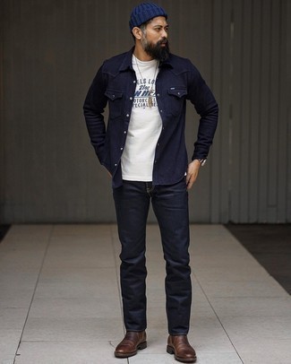 White and Navy Crew-neck T-shirt Outfits For Men: A white and navy crew-neck t-shirt and navy jeans are an urban combination that every modern guy should have in his casual arsenal. Go the extra mile and switch up your outfit by finishing off with dark brown leather chelsea boots.