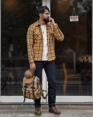 Tan Backpack Outfits For Men: This laid-back pairing of a tobacco plaid long sleeve shirt and a tan backpack is a surefire option when you need to look stylish but have zero time to dress up. Give a different twist to this ensemble by slipping into dark brown leather casual boots.