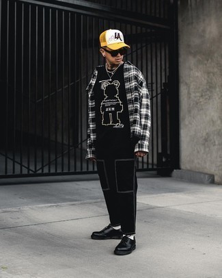 Yellow Baseball Cap Outfits For Men: For a casual outfit, choose a black and white plaid long sleeve shirt and a yellow baseball cap — these two pieces go perfectly well together. Feeling bold today? Elevate this outfit by finishing off with a pair of black leather derby shoes.