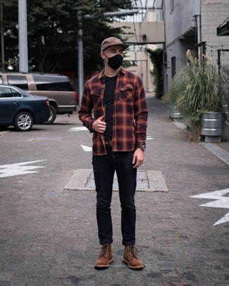 Men's Multi colored Plaid Flannel Long Sleeve Shirt, Black Crew-neck T-shirt, Black Jeans, Brown Suede Casual Boots