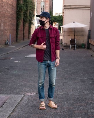 Tan Leather Sandals Outfits For Men: This relaxed combo of a burgundy long sleeve shirt and blue ripped jeans is ideal when you need to look dapper in a flash. A pair of tan leather sandals instantly ups the wow factor of your outfit.