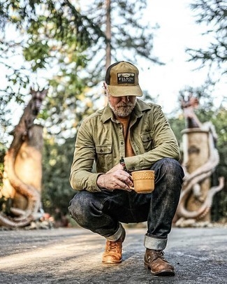 Dark Green Print Baseball Cap Outfits For Men: An olive long sleeve shirt and a dark green print baseball cap are a contemporary pairing that every modern gent should have in his casual wardrobe. For a modern hi-low mix, complement your ensemble with brown leather casual boots.