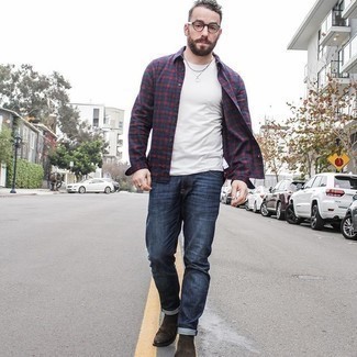 Red and Navy Plaid Shirt Outfits For Men: A red and navy plaid shirt and navy jeans are the perfect way to infuse understated dapperness into your casual styling arsenal. Tap into some David Beckham dapperness and dress up your ensemble with a pair of dark brown suede chelsea boots.