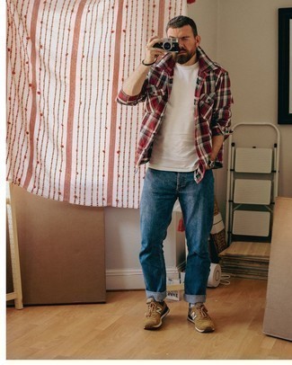 Red Plaid Long Sleeve Shirt Outfits For Men: If you're hunting for a relaxed and at the same time on-trend look, pair a red plaid long sleeve shirt with navy jeans. Add a pair of brown athletic shoes to keep the ensemble fresh.