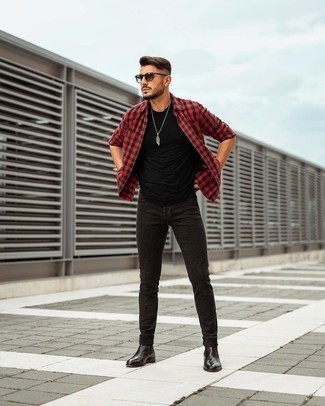 Men's Red and Black Gingham Long Sleeve Shirt, Black Crew-neck T-shirt, Charcoal Jeans, Dark Brown Leather Chelsea Boots