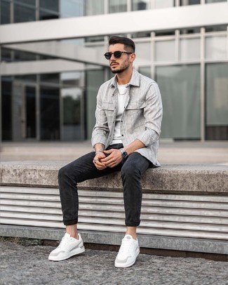 Silver Watch Casual Outfits For Men: Show your easy-going side in a grey plaid long sleeve shirt and a silver watch. Complete this outfit with white leather low top sneakers to instantly bump up the style factor of this look.