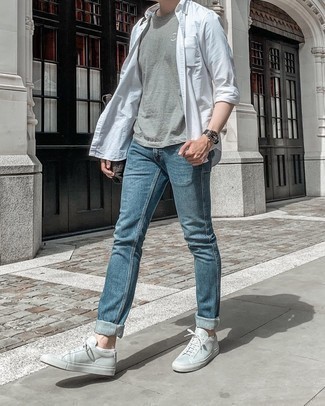White No Show Socks Outfits For Men: Extremely stylish, this combination of a white long sleeve shirt and white no show socks brings excellent styling opportunities. Grey leather low top sneakers will give a dose of polish to an otherwise simple outfit.