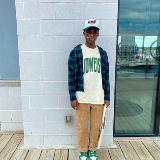 Men's Teal Plaid Long Sleeve Shirt, White and Green Print Crew-neck T-shirt, Khaki Jeans, White and Green Leather Low Top Sneakers