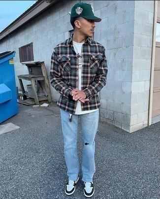 Men's Dark Green Plaid Long Sleeve Shirt, White and Black Print Crew-neck T-shirt, Light Blue Ripped Jeans, White and Black Leather Low Top Sneakers