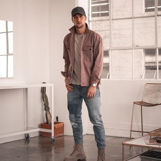 Charcoal Baseball Cap Outfits For Men: If you're a fan of laid-back style, why not opt for this pairing of a purple long sleeve shirt and a charcoal baseball cap? On the fence about how to complement your outfit? Wear a pair of tan suede casual boots to ramp it up.