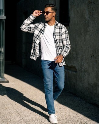 Men's Black and White Plaid Long Sleeve Shirt, White Crew-neck T-shirt, Blue Jeans, White Canvas Low Top Sneakers