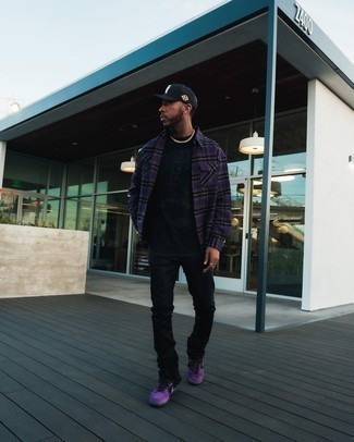Violet Canvas Low Top Sneakers Outfits For Men: This pairing of a violet plaid long sleeve shirt and black jeans is the ultimate casual style for any modern man. A pair of violet canvas low top sneakers complements this getup quite nicely.