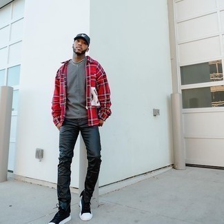 Men's Red Plaid Long Sleeve Shirt, Charcoal Crew-neck T-shirt, Black Leather Jeans, Black and White Canvas High Top Sneakers