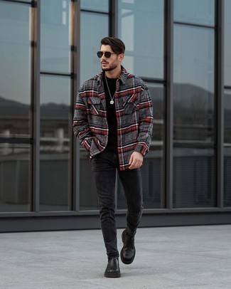 Charcoal Plaid Flannel Long Sleeve Shirt Outfits For Men: Go for a pared down but at the same time casually stylish option by wearing a charcoal plaid flannel long sleeve shirt and black jeans. If you wish to effortlessly up the ante of your ensemble with a pair of shoes, why not introduce a pair of black leather chelsea boots to the mix?