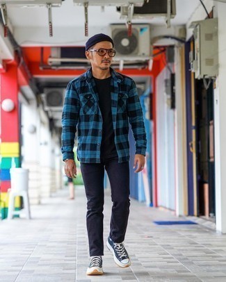 Teal Flannel Long Sleeve Shirt Outfits For Men: For relaxed dressing with a modernized spin, pair a teal flannel long sleeve shirt with navy jeans. Puzzled as to how to finish off? Introduce navy and white canvas high top sneakers to your outfit for a more laid-back feel.